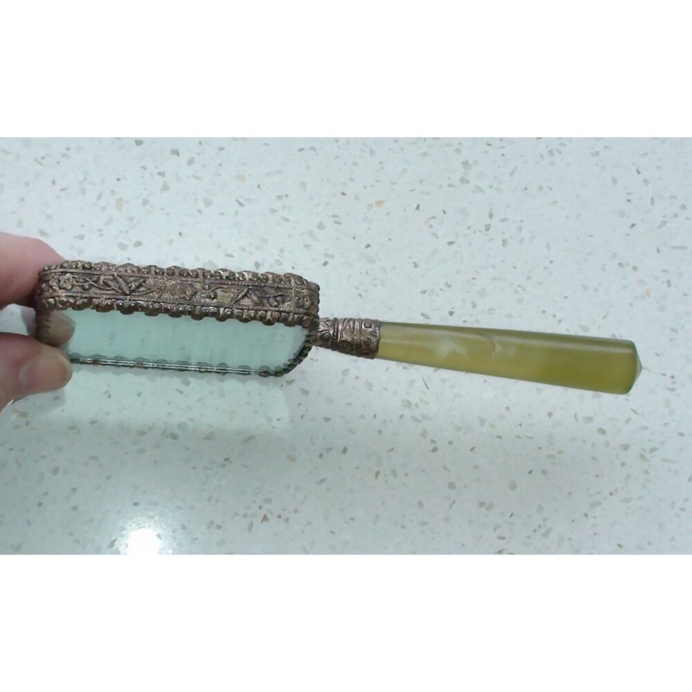 Shard Lotus Hand Mirror with Green Glass Handle and Decorative Edging - Picture 5 of 8
